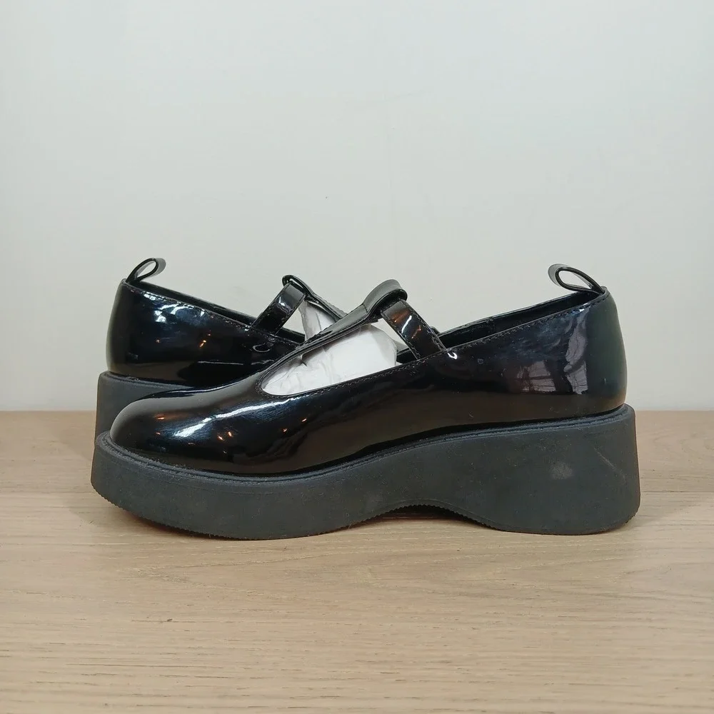 Steve Madden Jgene Flats Girls 4 Black Patent Mary Jane Platform Goth Preppy